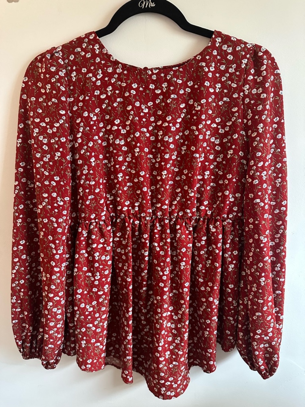 SHEIN Red Floral Long Sleeve Peplum Blouse